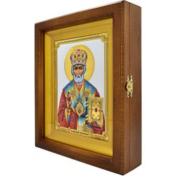 Николай Чудотворец Угодник Божий. Икона в серебряном окладе, в деревянном киоте.