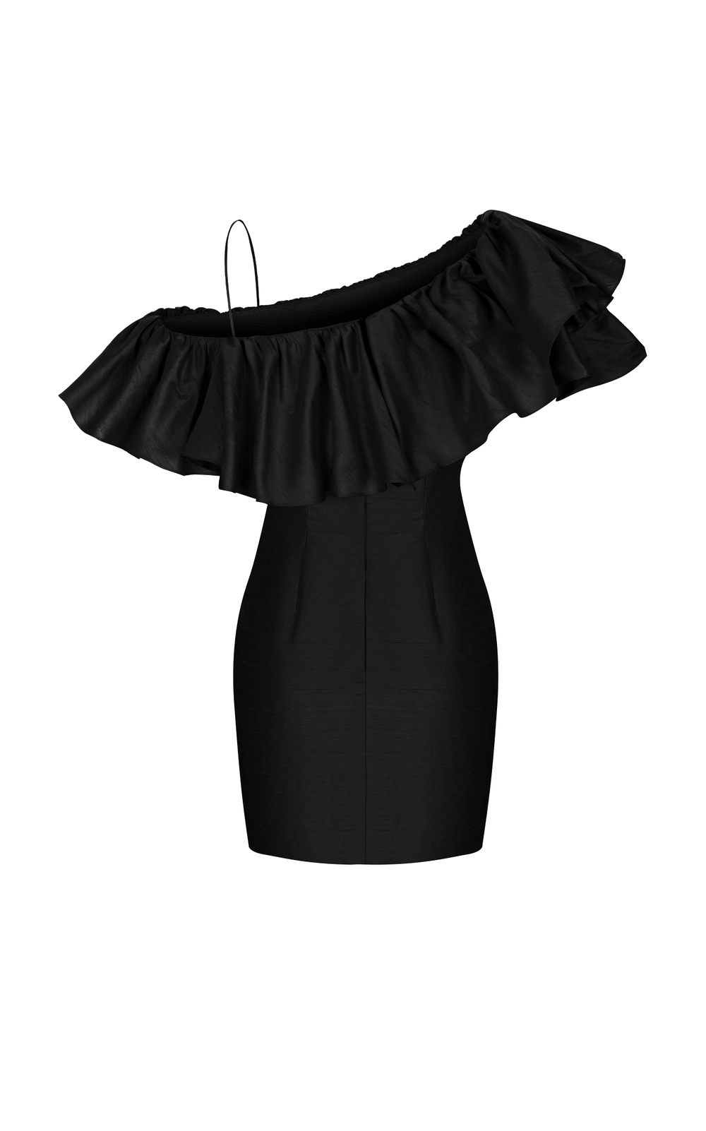 Платье мини шелковое на одно плечо с рюшами