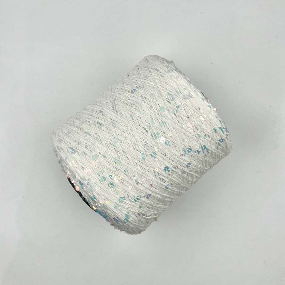 Королевские пайетки (3 и 6 мм), хлопок 100%, 330 м в 100 г , белый/серебро галография разные формы