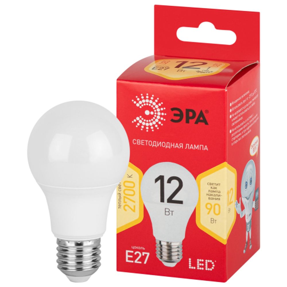Лампа светодиодная ЭРА RED LINE LED A60-12W-827-E27 R 12Вт груша теплый белый свет Е27 | Лампы cветодиодные Груша (A)