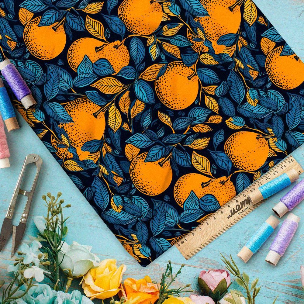 Ткань премиум бифлекс мандарины на синем