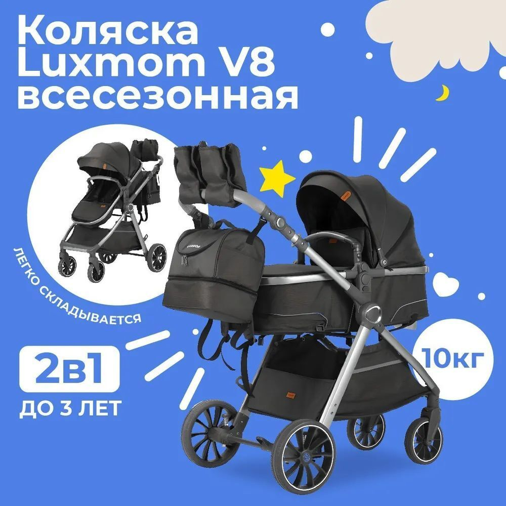 Детская коляска-трансформер 3в1 Luxmom V8 с автолюлькой Черный