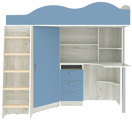 Кровать-чердак КарИВи Пионер с деревянной лестницей Винтерберг Светло-синий, голубой
