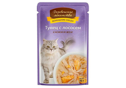 ДЕРЕВЕНСКИЕ ЛАКОМСТВА Пауч для кошек с тунцом и лососем в нежном желе 0,07 кг