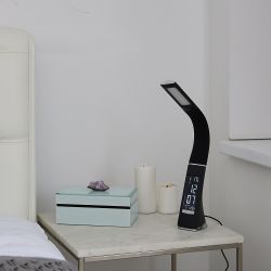 TLD-542 Black-LED-300Lm-5000K-Dimmer Светильник настольный c часами. календарем. термометром. 5W. Сенсорный выключатель. Черный стилизован под кожу. TM Uniel.