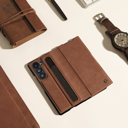 Кожаный чехол коричневого цвета от Nillkin для Samsung Galaxy Z Fold 6 5G, серия Aoge Leather Case с эластичным карманом для хранения S-pen