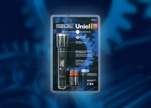 P-ML073-PB Black Фонарь Uniel-offroad (Premium) «Iron domination — 120», алюминиевый корпус, XP-С {Q2} CREE LED, упаковка — блистер, 2 х AA в/к, цвет