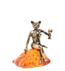 AM-1812 Фигурка «Кошечка с бокалом» (латунь, янтарь)