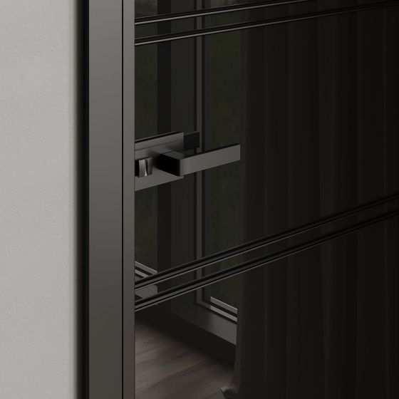 Модель 2AХ профиль чёрный матовый стекло чёрный триплекс в алюминиевом моноблоке INTEGRAL в интерьере