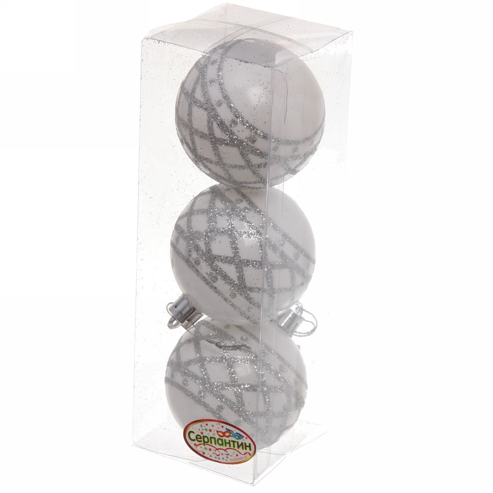 Новогодние шары 6 см (набор 3 шт) «Зимний узор», белый/серебро