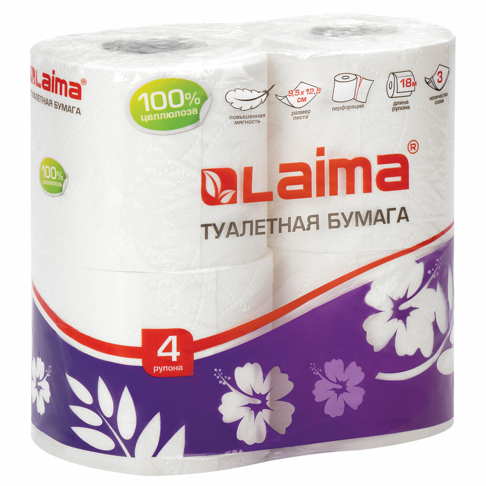 Бумага туалетная бытовая спайка 4 шт. 3-х слойная (4х18 м) LAIMA белая (12 штук в упаковке)
