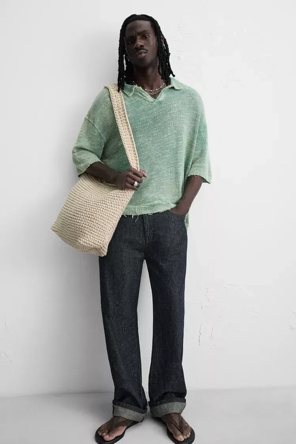 ZARA ТРИКОТАЖНОЕ ПОЛО, ЛИНЯЛЫЙ ЗЕЛЕНЫЙ