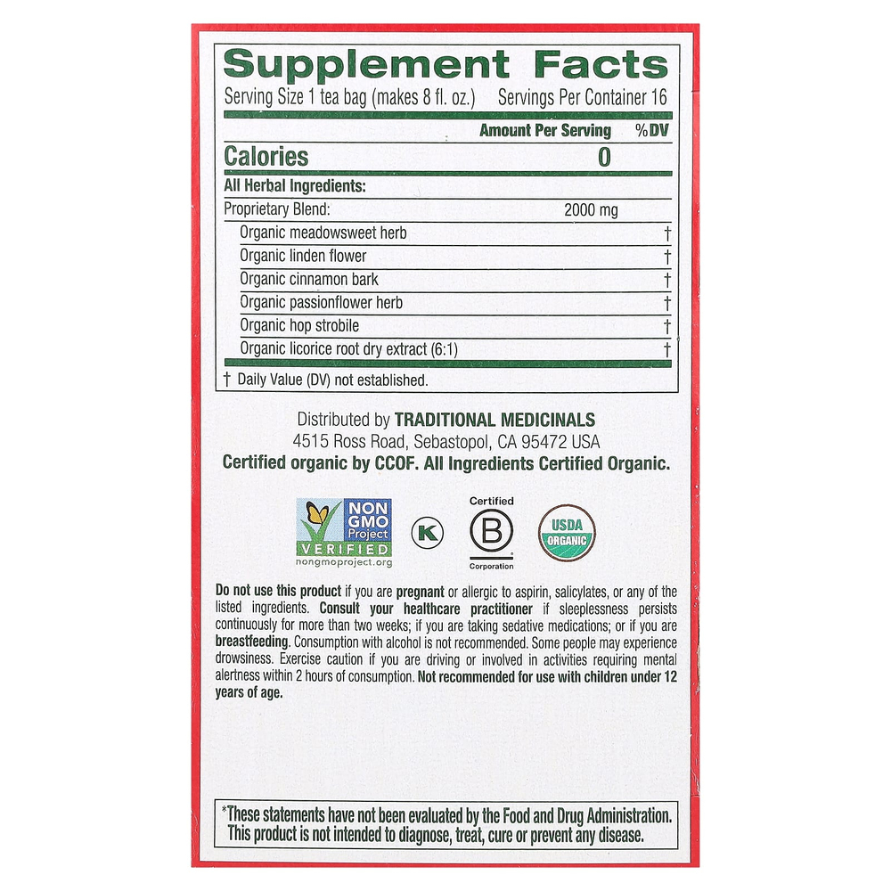 Traditional Medicinals, Organic Cold Care PM, таволга и корица, без кофеина, 16 чайных пакетиков в упаковке, 32 г (1,13 унции)