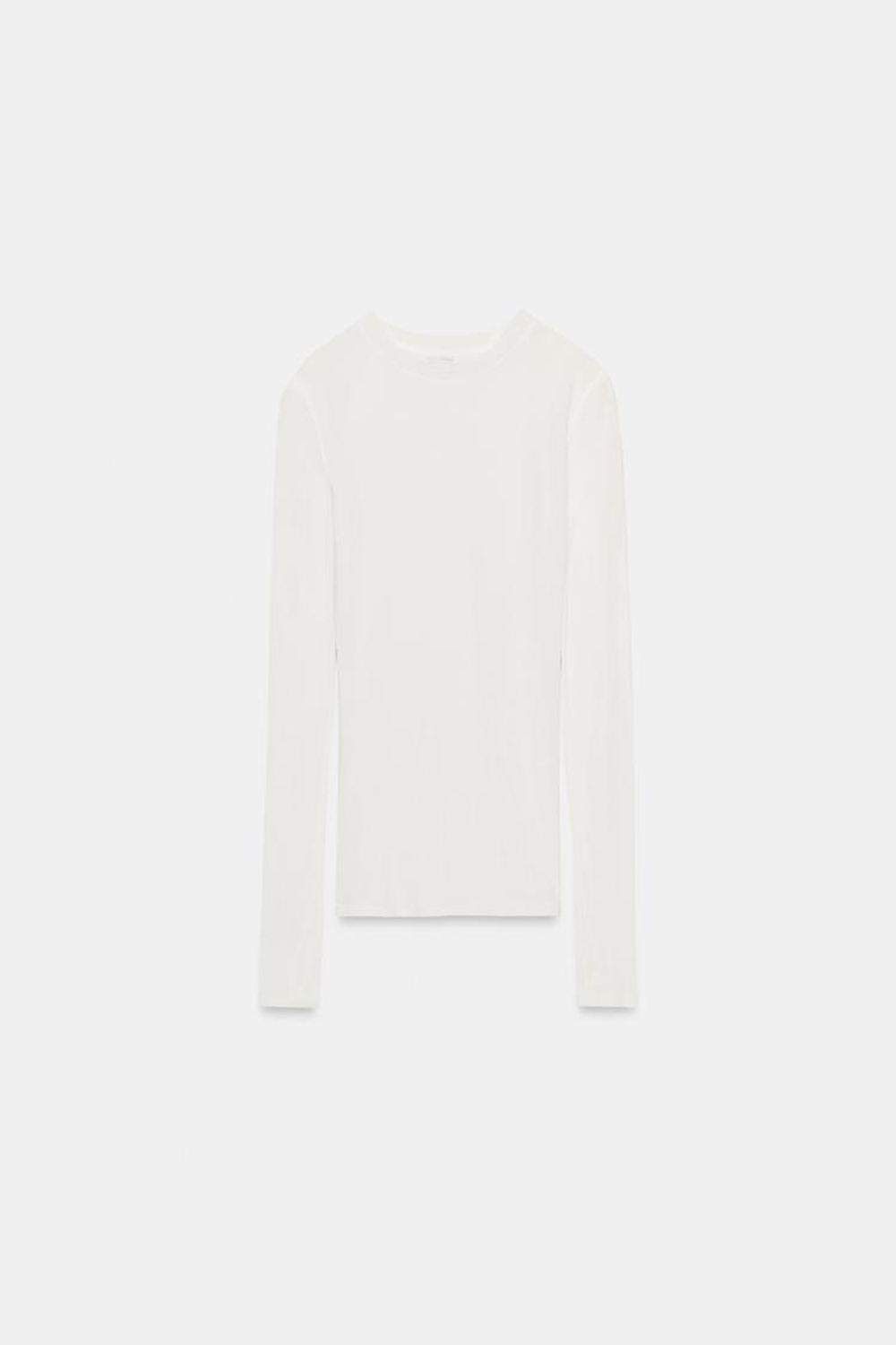 ZARA ХЛОПКОВАЯ ФУТБОЛКА С ДЛИННЫМИ РУКАВАМИ, ЖЕЛТОВАТО-БЕЛЫЙ