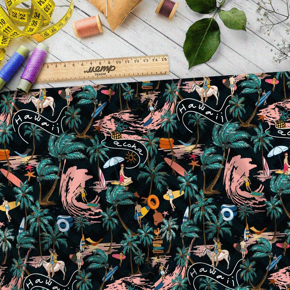 Ткань атлас сёрфинг, пальмы и волны на чёрном фоне