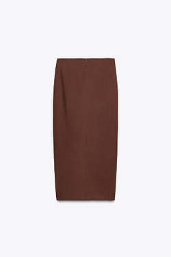 ZARA ЮБКА МИДИ ИЗ ЛЬНА С РАКУШКАМИ, ТЕРРАКОТОВЫЙ