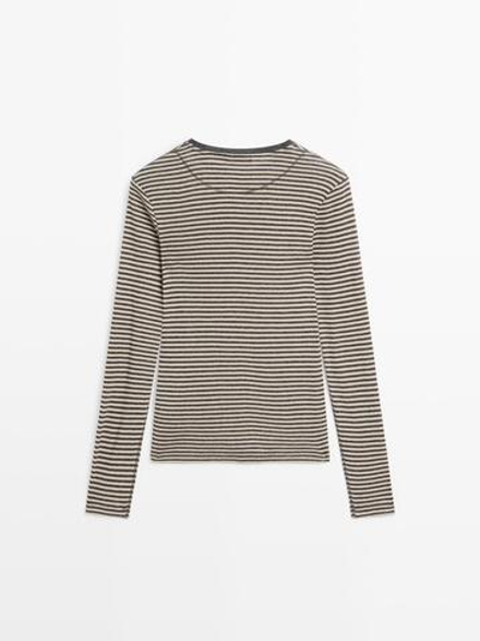 Massimo Dutti Футболка из смесового хлопка с длинными рукавами, серый меланж