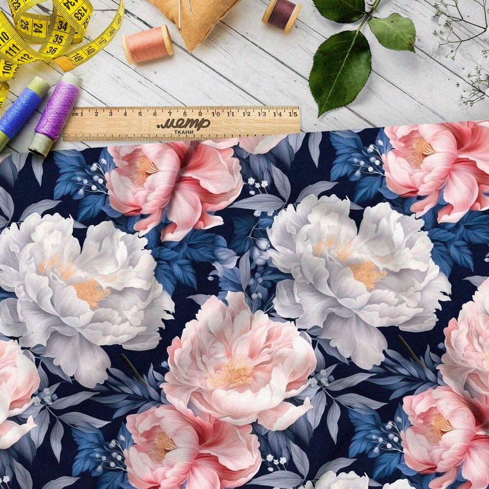 Ткань премиум Оксфорд 600D цветущие пионы на темном