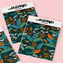 Ткань атлас синие листья с оранжевыми птицами