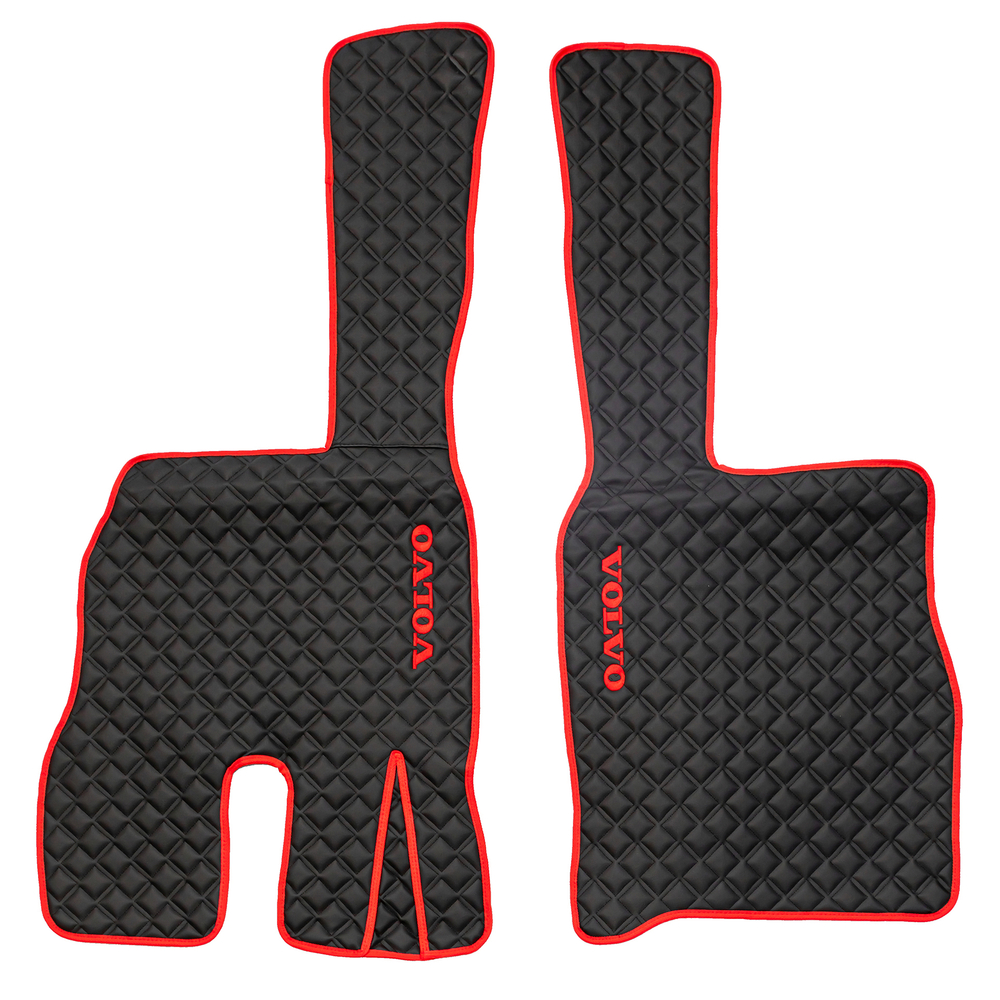 Ковры VOLVO FM до 2008 года (экокожа, черный, красный кант, красная вышивка)