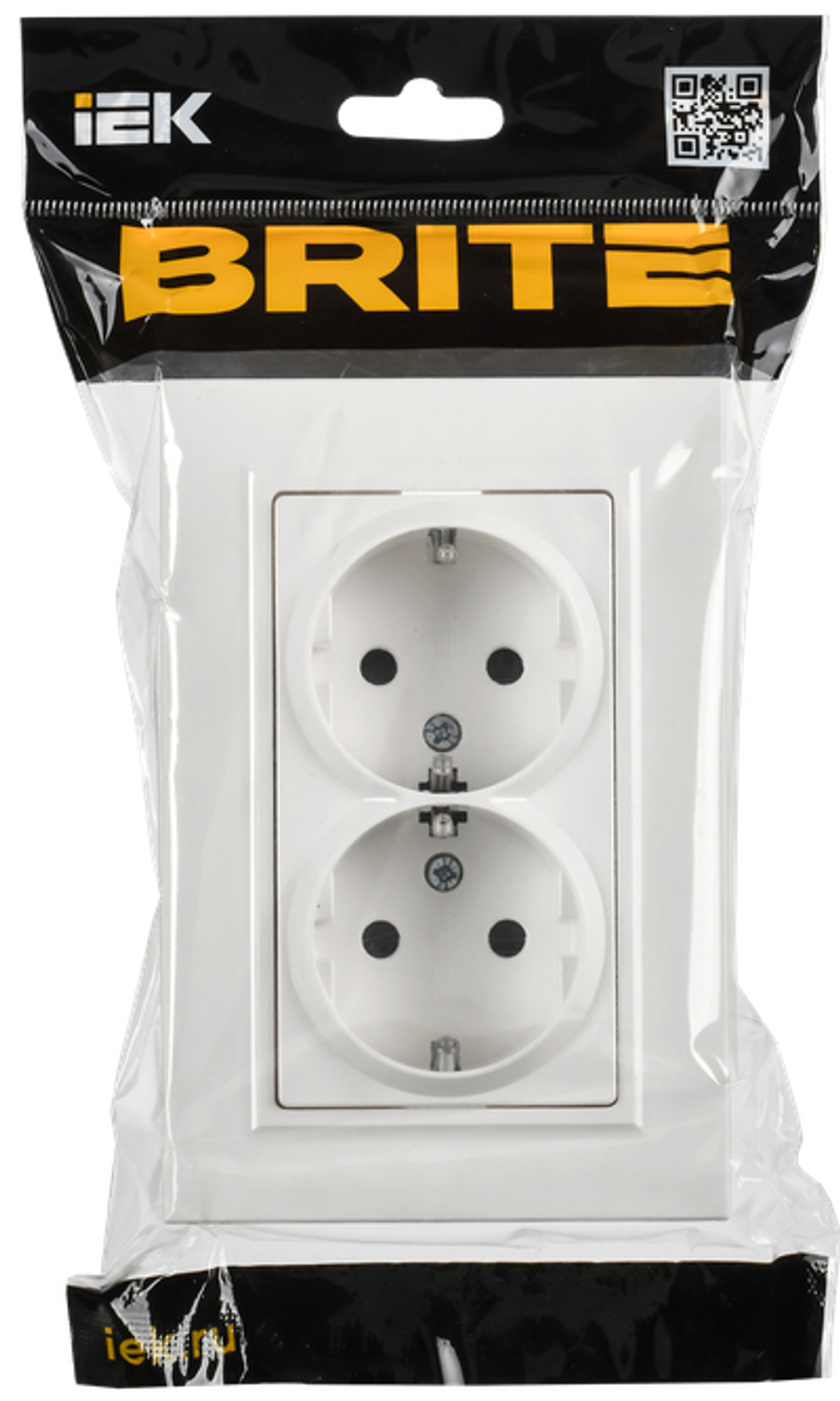 BRITE Розетка 2-местная с заземлением с защитными шторками плоская 16А в сборе РСшПл12-3-БрАБ арктический белый IEK