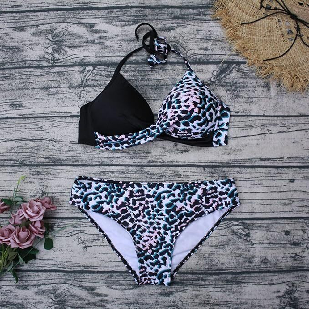 Раздельный купальник с анималистическим принтом и цветными пятнышками (Размер: XXL) (Цвет: разноцветный)