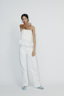 ZARA БЛУЗА ИЗ ПОПЛИНА КОМБИНИРОВАННАЯ, БЕЛЫЙ