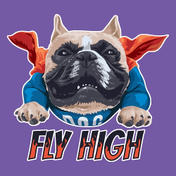 принт PewPewCat с бульдогом Fly High для фиолетовой футболки