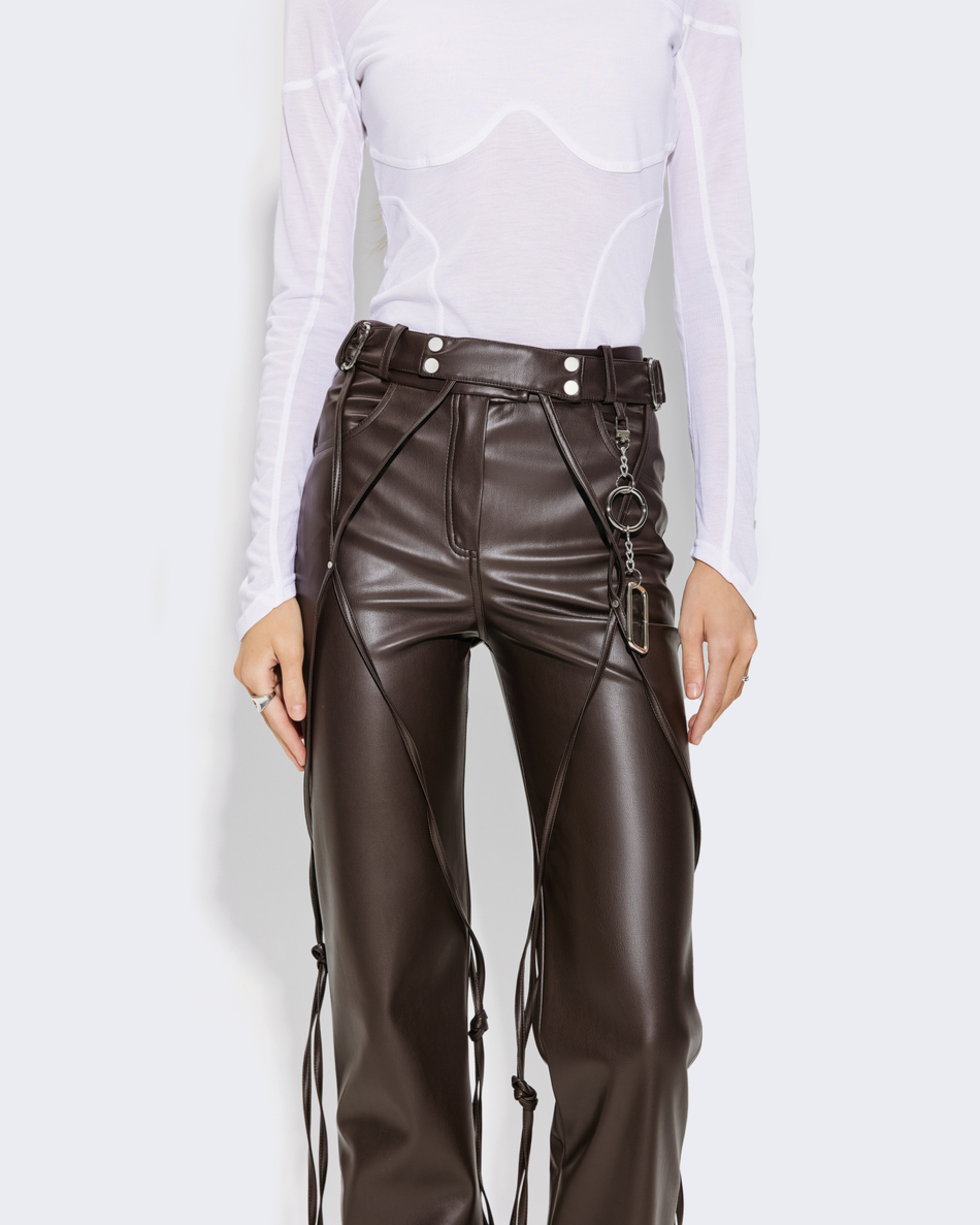 BROWN V-LEATHER TROUSERS WITH STRAPS