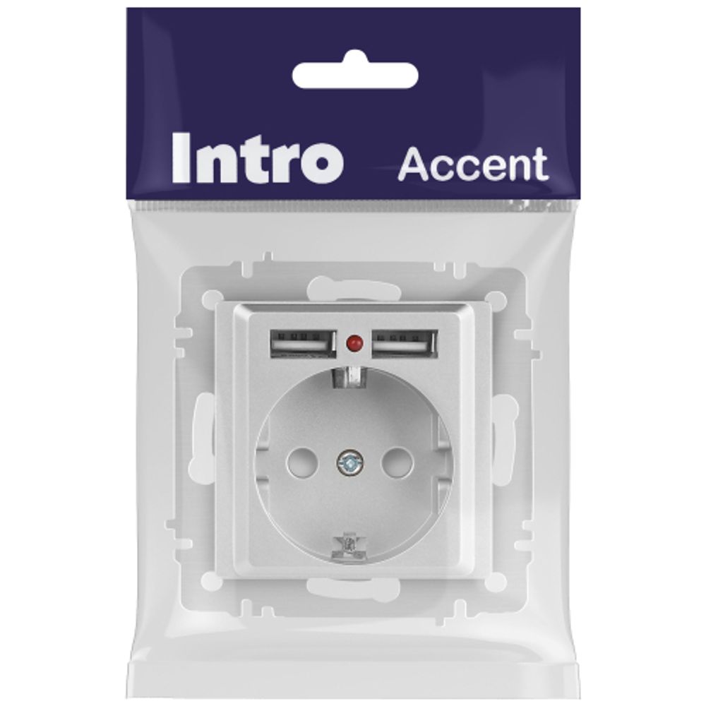 Розетка Intro Accent 6-410-03 , P+E Schuko со шторками, 16А-250В + 2хUSB, IP20, СУ, алюминий