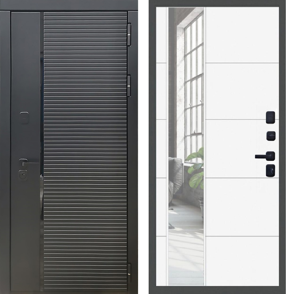 Входная металлическая дверь с зеркалом Рекс 30 Кварц черный / зеркало ЛФЛС-1 Силк сноу ( белый матовый, без текстуры)