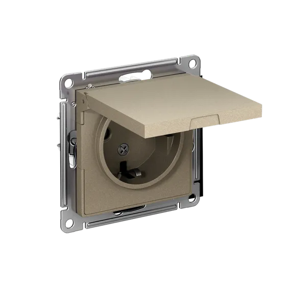Розетка 1-м СП AtlasDesign 16А IP20 с заземл. защ. шторки с крышкой механизм шампань SE ATN000546