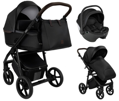 Детская коляска Roan Esso Кожа 3 в 1 с автокреслом Pituso Baesa Pro Black ESSK/210/1 Black /Black/руч.Тем.коричневый