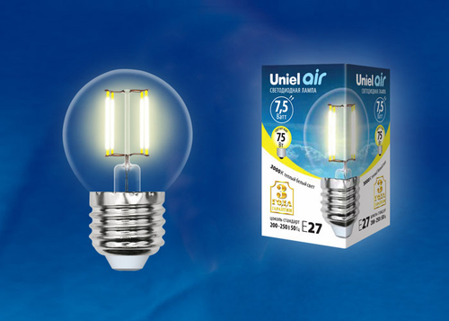LED-G45-7,5W/WW/E27/CL GLA01TR Лампа светодиодная. Форма шар, прозрачная. Серия Air. Теплый белый свет (3000K). Картон. ТМ Uniel