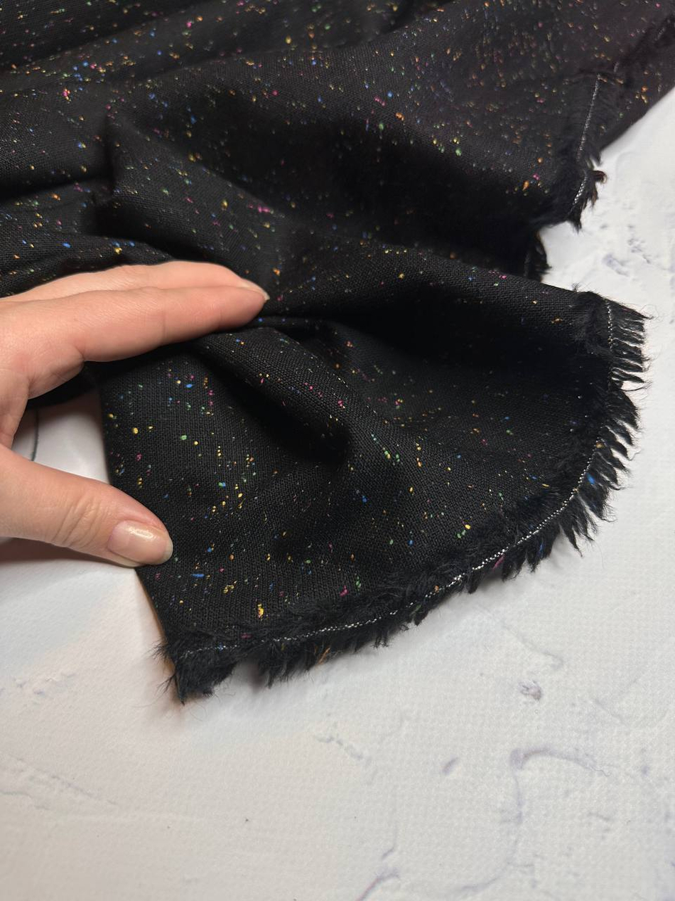 Костюмно-плательная однотонная шерсть с цветными мушками (B.Veneta, 100%шерсть, Черный густой фон/мелкие разноцветные мушки, 152, 224 гр/м2)