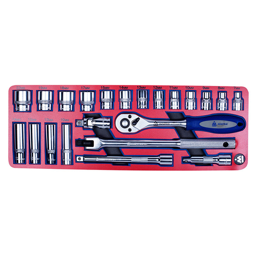 МАСТАК (5-003222) Набор торцевых головок 3/8” с принадлежностями, ложемент, 22 предмета