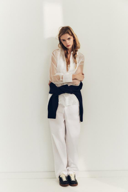 ZARA РУБАШКА ОВЕРСАЙЗ ИЗ ОРГАНЗЫ С КРУЖЕВОМ, БЕЛЫЙ