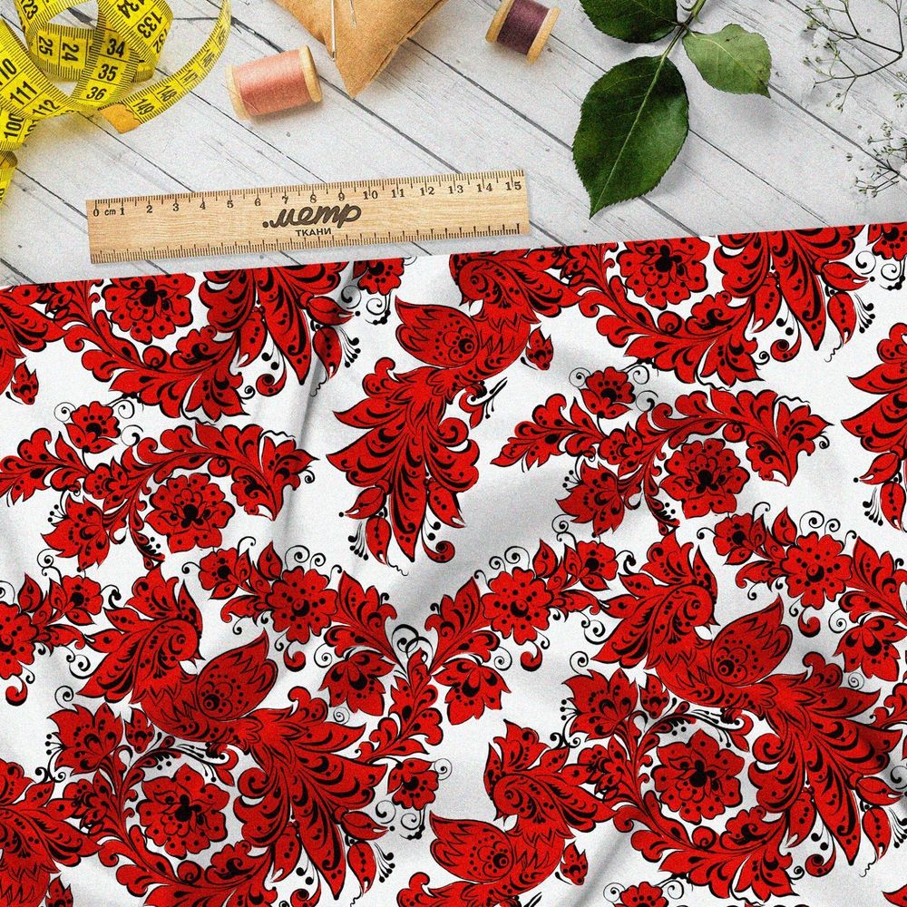 Ткань атлас красная хохлома по новому