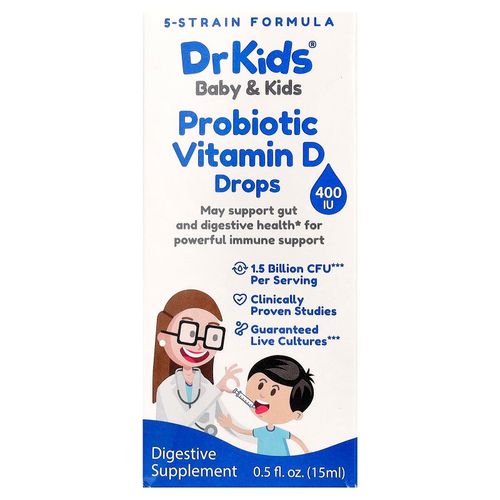 DrKids, для детей, пробиотик с витамином D в каплях, 15 мл (0,5 жидк. унции)