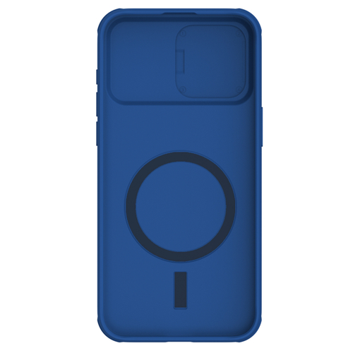 Чехол синего цвета от Nillkin c поддержкой магнитной зарядки MagSafe для смартфона iPhone 15 Pro, с защитной шторкой камеры, серия CamShield Pro Magnetic