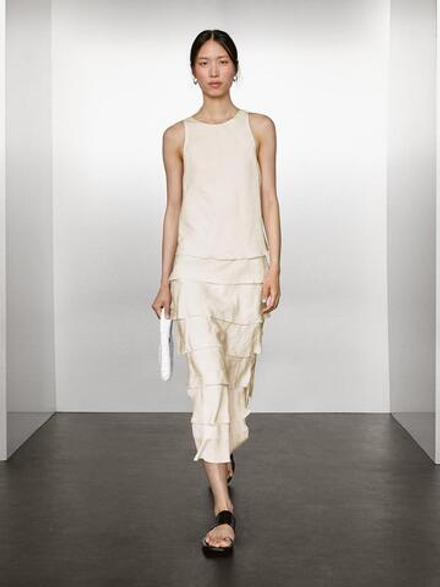 Massimo Dutti Длинное платье из струящейся ткани с воланами, натуральный, кремовый