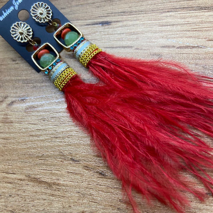 Серьги-гвоздики Экзо квадрат рамка бусинки перья цвет красный металл золотистый