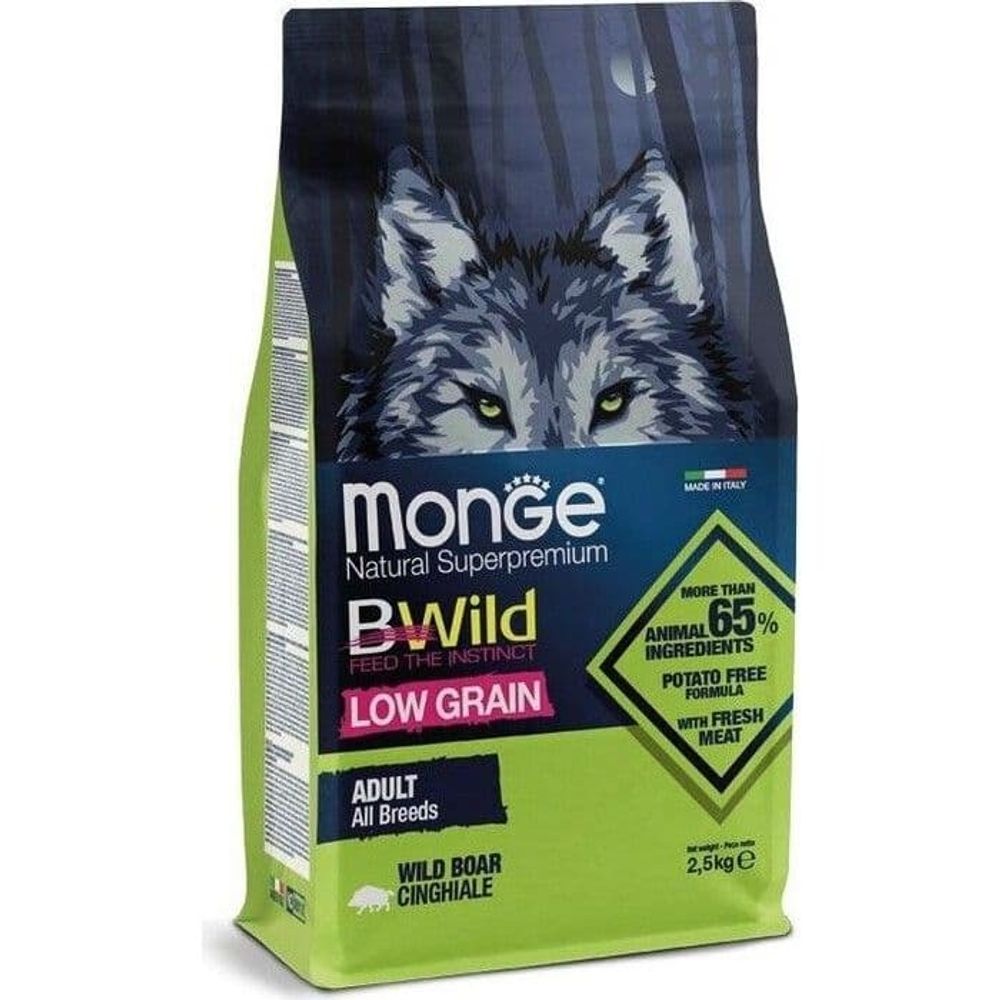 Monge Dog BWild LOW GRAIN корм из мяса дикого кабана для взрослых собак всех пород 2,5кг