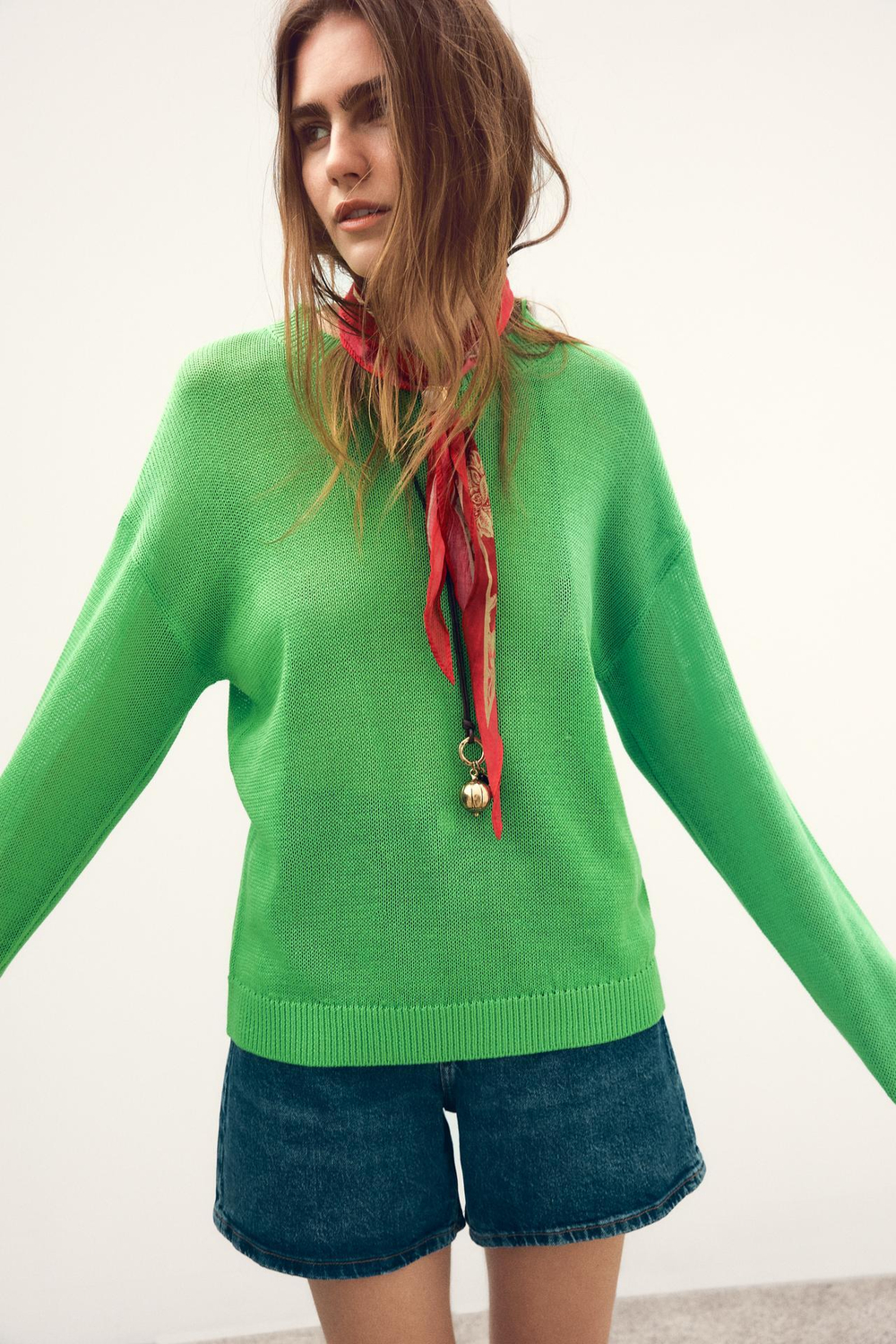 ZARA ОДНОТОННЫЙ СВИТЕР ПРЯМОГО КРОЯ, ЗЕЛЕНЫЙ