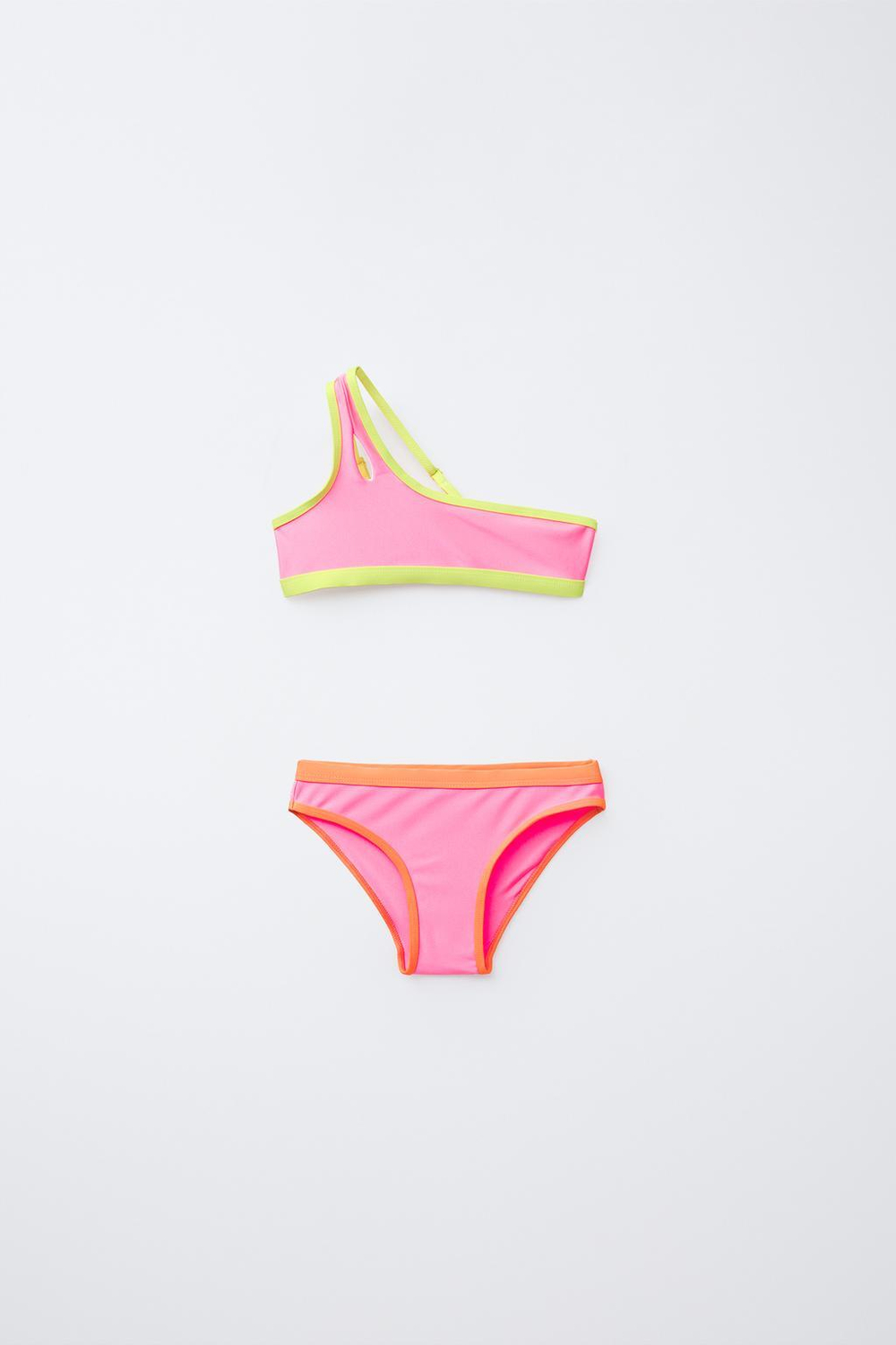 ZARA АСИММЕТРИЧНЫЙ БЛЕСТЯЩИЙ КОМПЛЕКТ БИКИНИ С ОКАНТОВКОЙ, НЕОНОВО-РОЗОВЫЙ