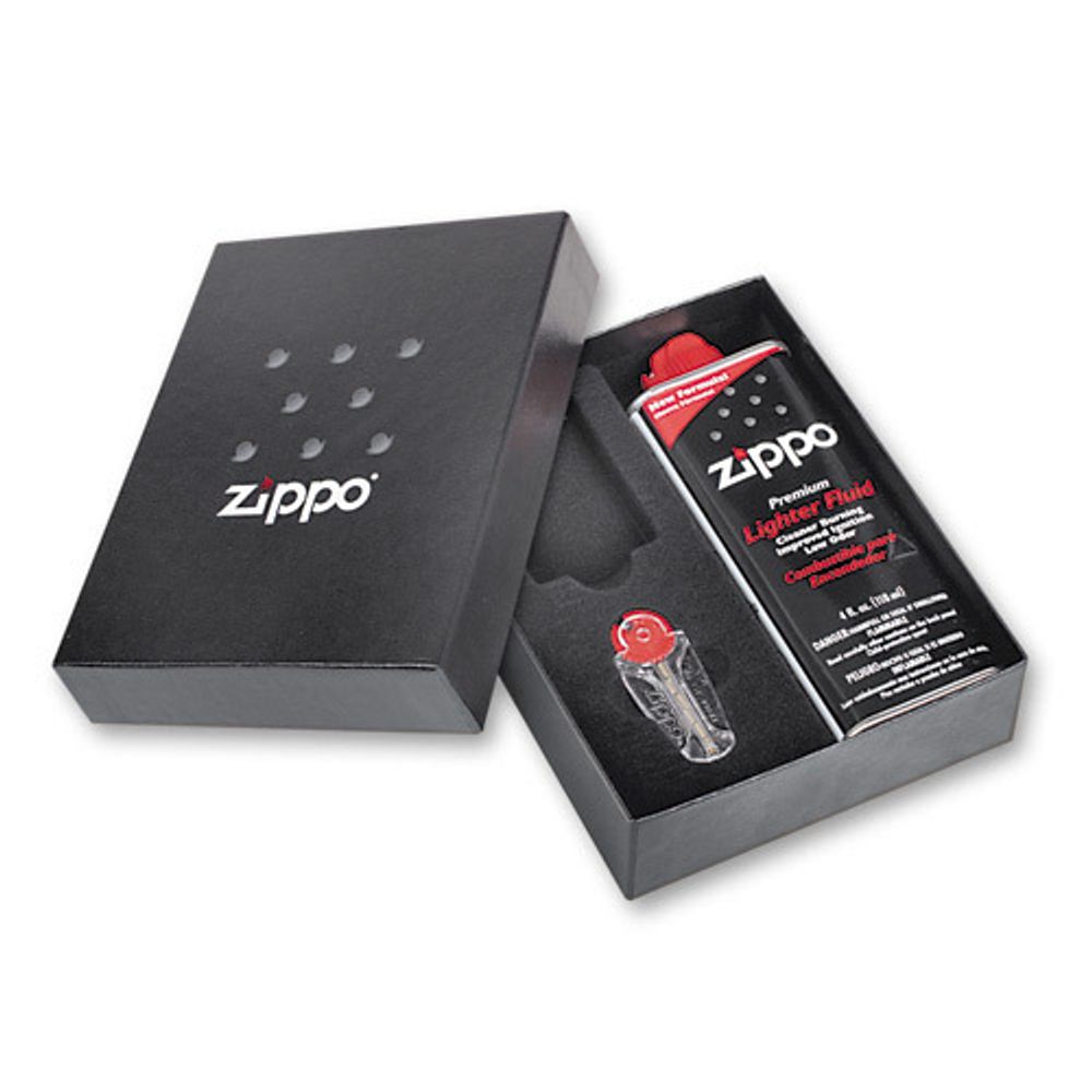 Чёрная фирменная подарочная коробка 118х43х145 мм для зажигалки Zippo с топливом (бензином) и шестью кремнями для зажигалки в комплекте Zippo ZP-50R