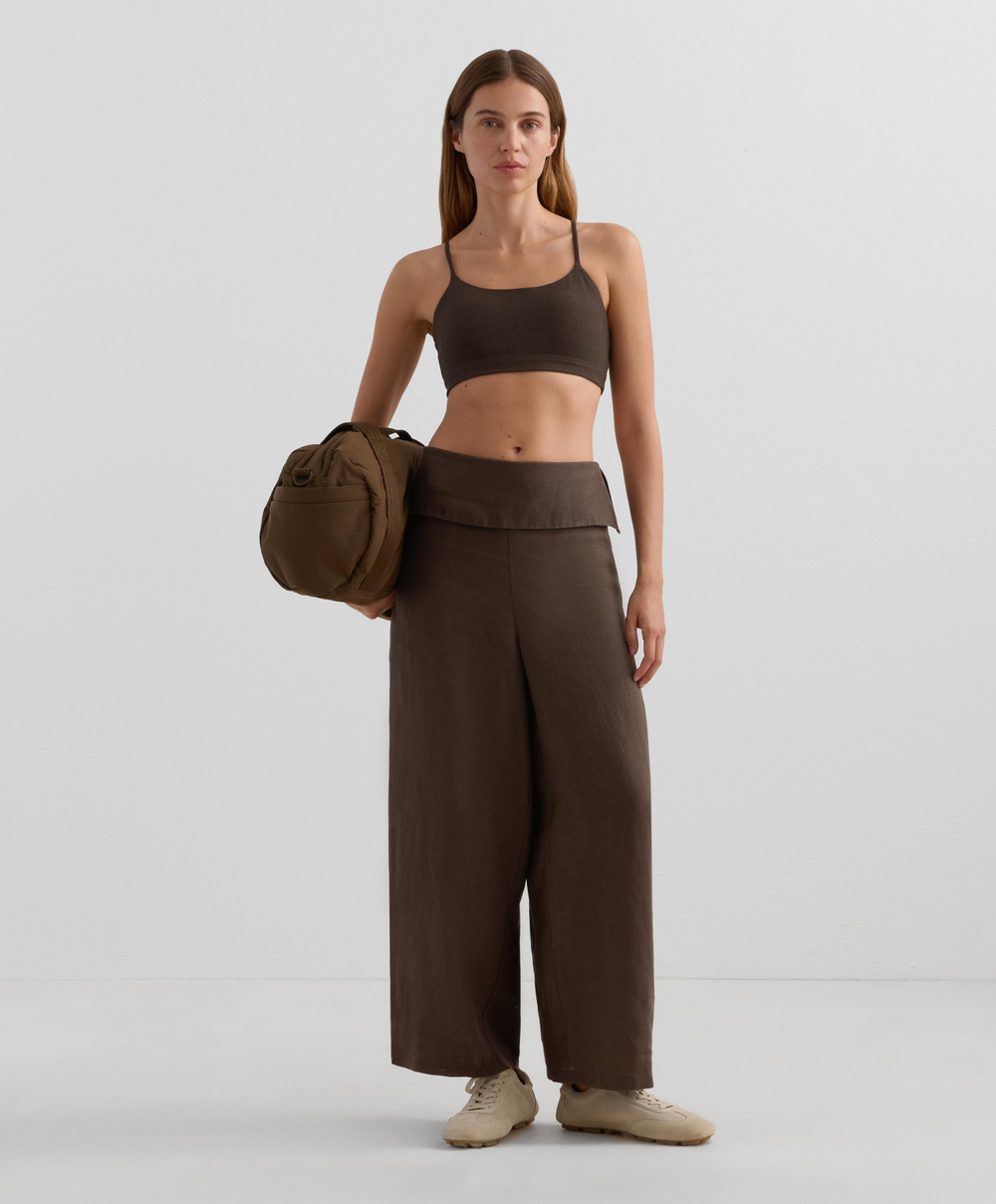 OYSHO Прямые брюки из 100% льна с подвернутым поясом, темно-коричневый