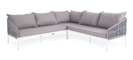 "Канны" диван модульный плетеный из роупа, каркас алюминий белый, роуп светло-серый круглый, ткань светло-серая