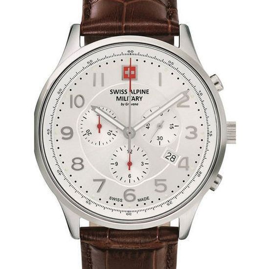 С ремешком Мужские наручные часы с коричневым кожаным ремешком Swiss Alpine Military 7084.9532 Chronograph 43mm 10ATM