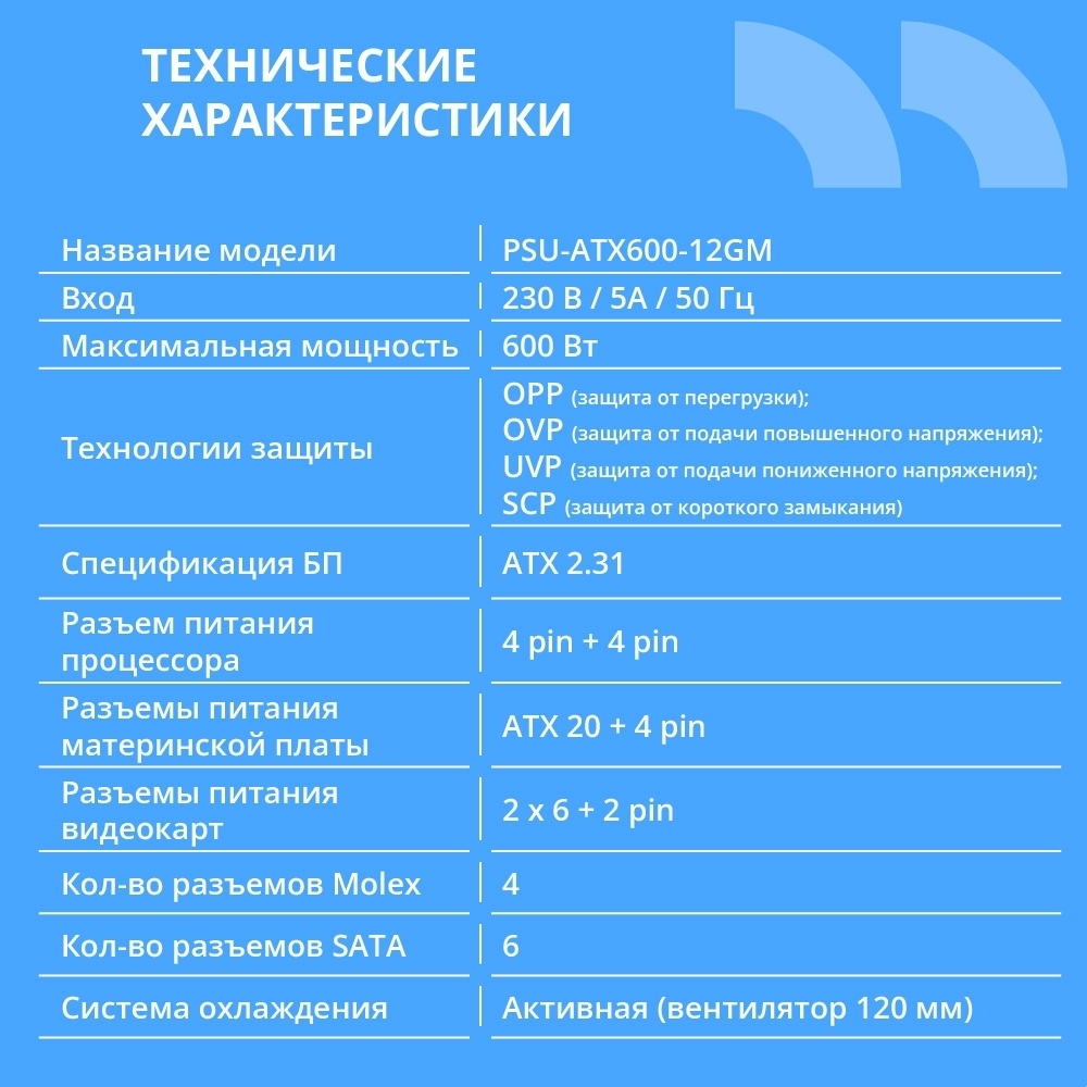 Блок питания Блок питания CBR ATX 600W 80+ Bronze, DC-DC, APFC, 0.6mm, 20+4pin, 1*8-pin(4+4P), 2*6+2pin, 6*SATA, 4*IDE, 12cm fan, 1.5м кабель питания, черный [PSU-ATX600-12GM] BOX